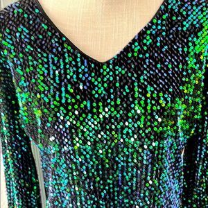 Yumiko Green and Black Long Sleeve Sheath Dress Iridescent Sequinse